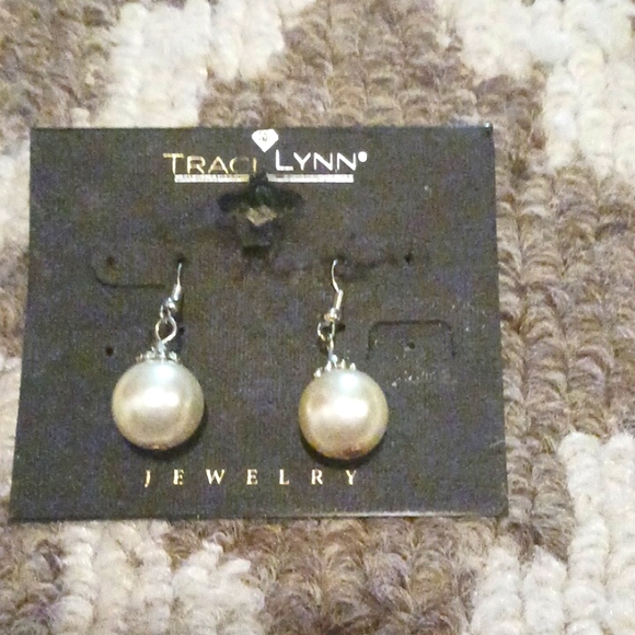 Traci Lynn Accessories - Traci Lynn, faux pearl drop earrings, silver dangling with small plastic backing